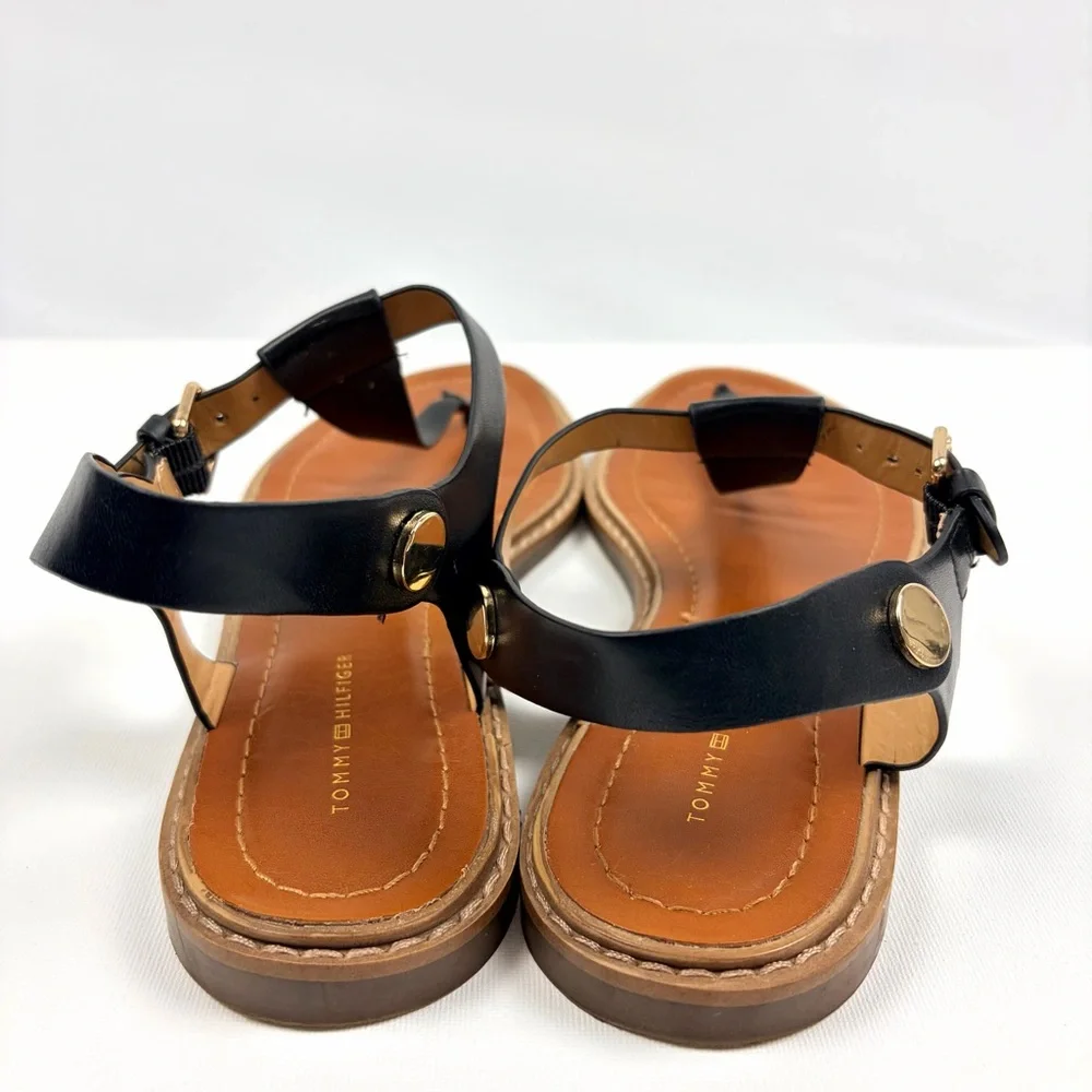 Tommy Hilfiger Black Leather Thong Sandals Gold Logo Size 10M - Picture 4 of 8